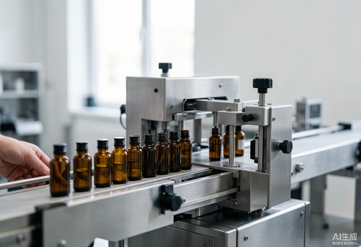 Amber glass serum bottles moving along an automated cosmetic filling line in a clean production facility