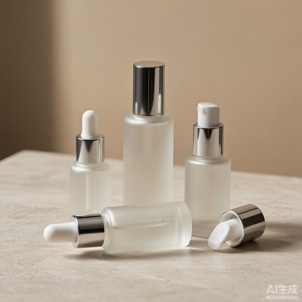 Unbranded frosted glass serum bottles with droppers and pumps representing private label packaging options