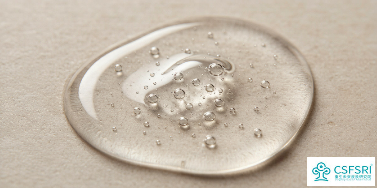 Macro close-up of a clear serum texture representing an ectoin-based skincare formulation