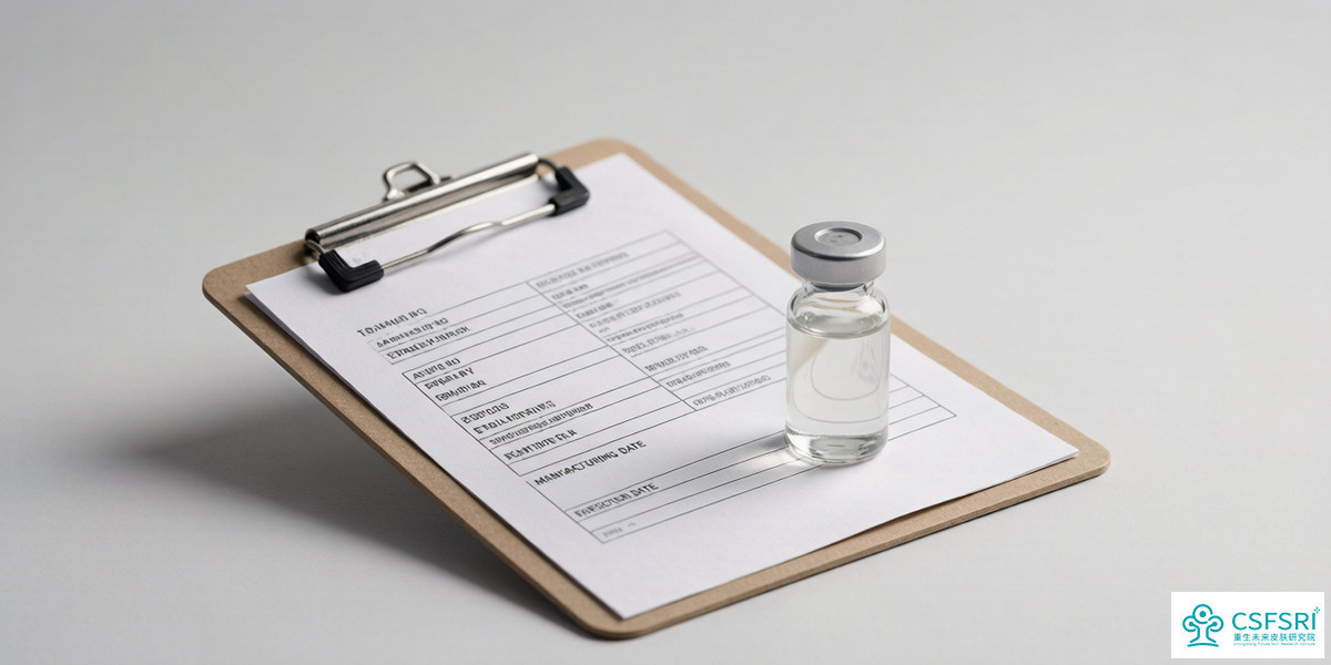 A quality-control certificate and a serum vial on a cosmetics lab bench
