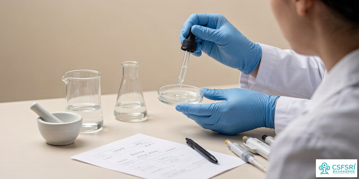 Cosmetic formulator in nitrile gloves testing an emulsion sample at a lab bench with beakers and formula sheet