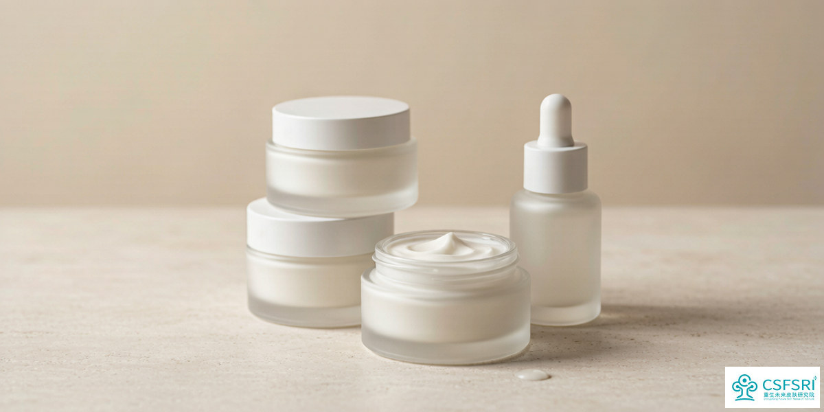 Unbranded cosmetic cream jars and a dropper bottle arranged as a clean lab still life on a neutral surface