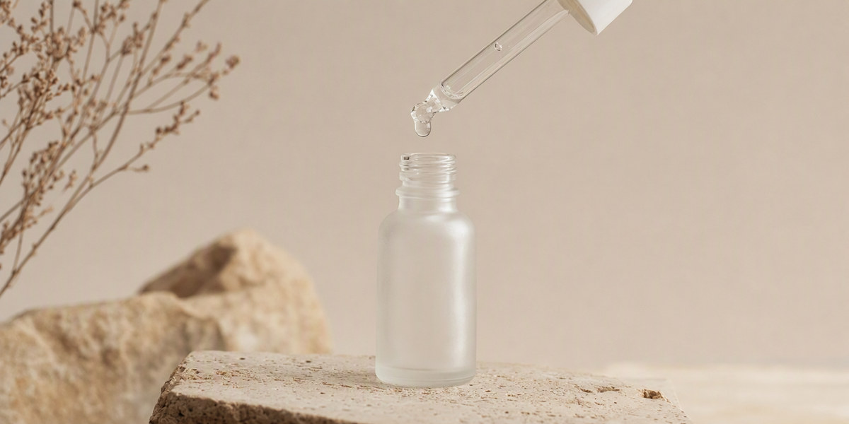 Unbranded frosted glass serum dropper bottle representing a niacinamide formula on a neutral surface