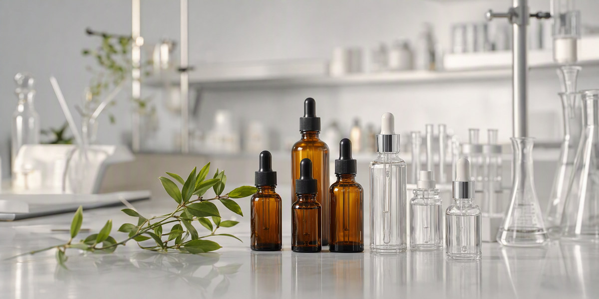 Unbranded skincare bottles on a cosmetic laboratory bench representing clean beauty formulation