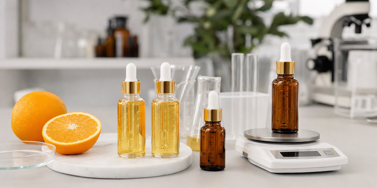 A cosmetic lab bench with clear and amber serum dropper bottles of golden vitamin C serum, a sliced citrus and a small weighing scale under soft studio light