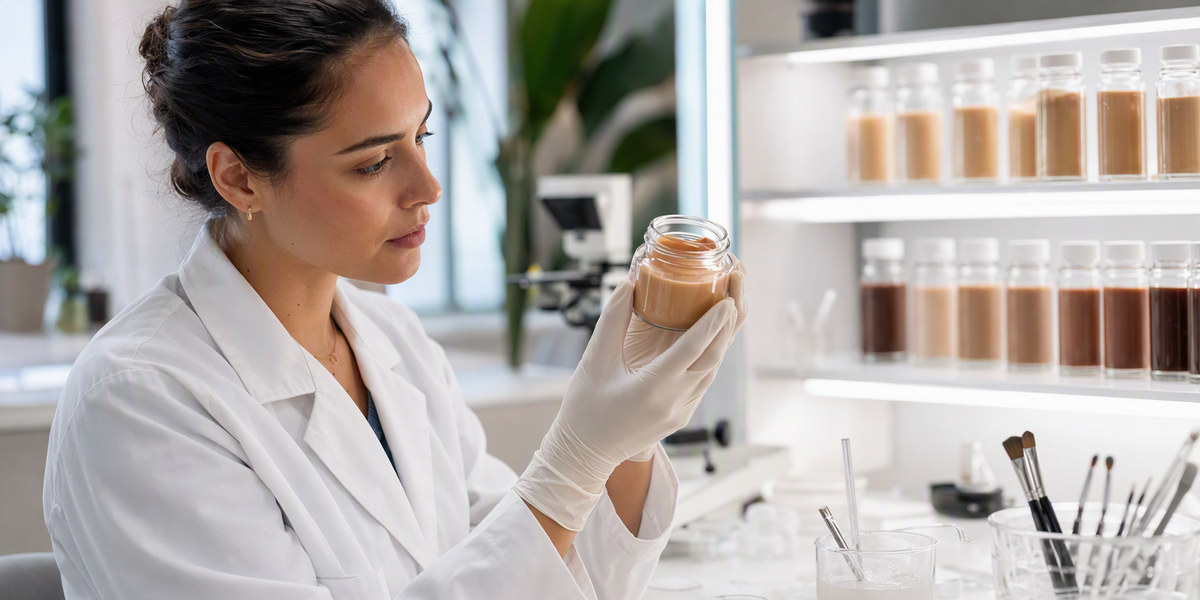 Cosmetic formulator checking a pigmented emulsion sample in a glass jar under lab light with stability bottles on a shelf