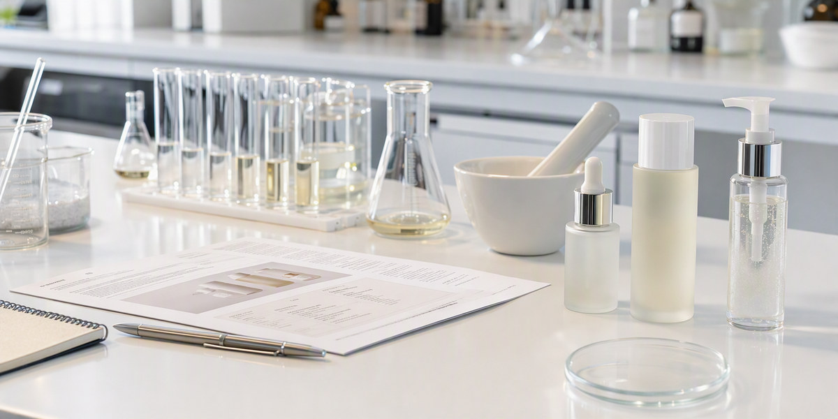 Cosmetic laboratory bench with a printed product brief and sample skincare bottles arranged for a manufacturer review