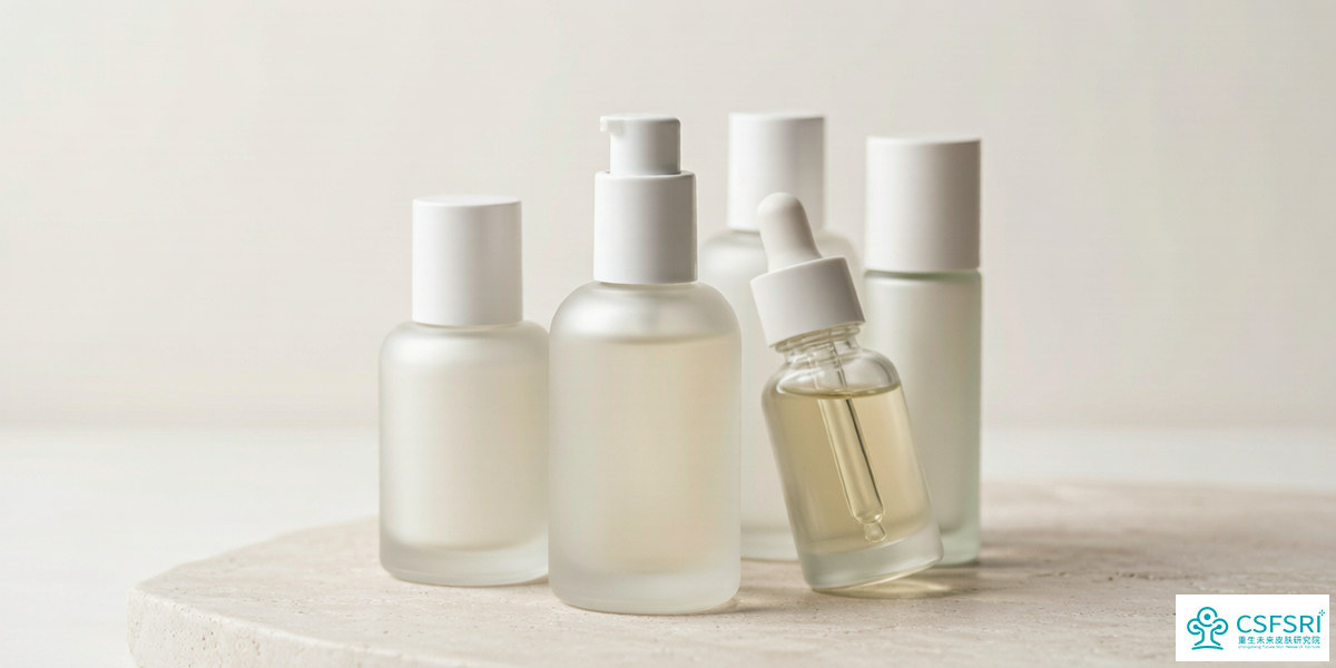 Unbranded frosted skincare bottles and airless pumps arranged on a neutral studio surface