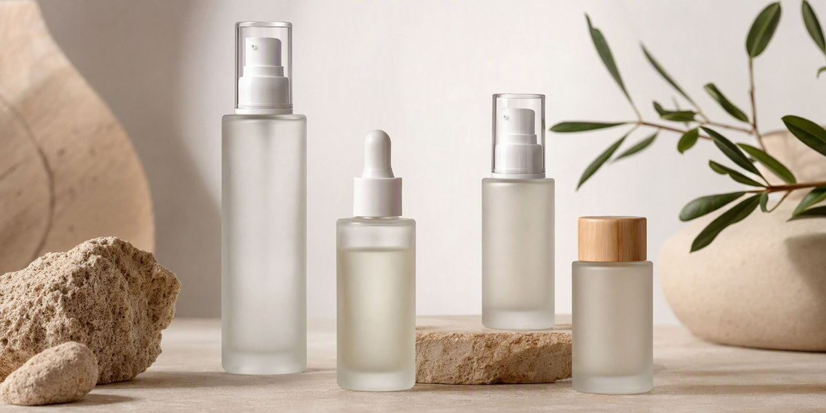 Unbranded private label serum bottles with a hyaluronic acid formulation on a laboratory surface