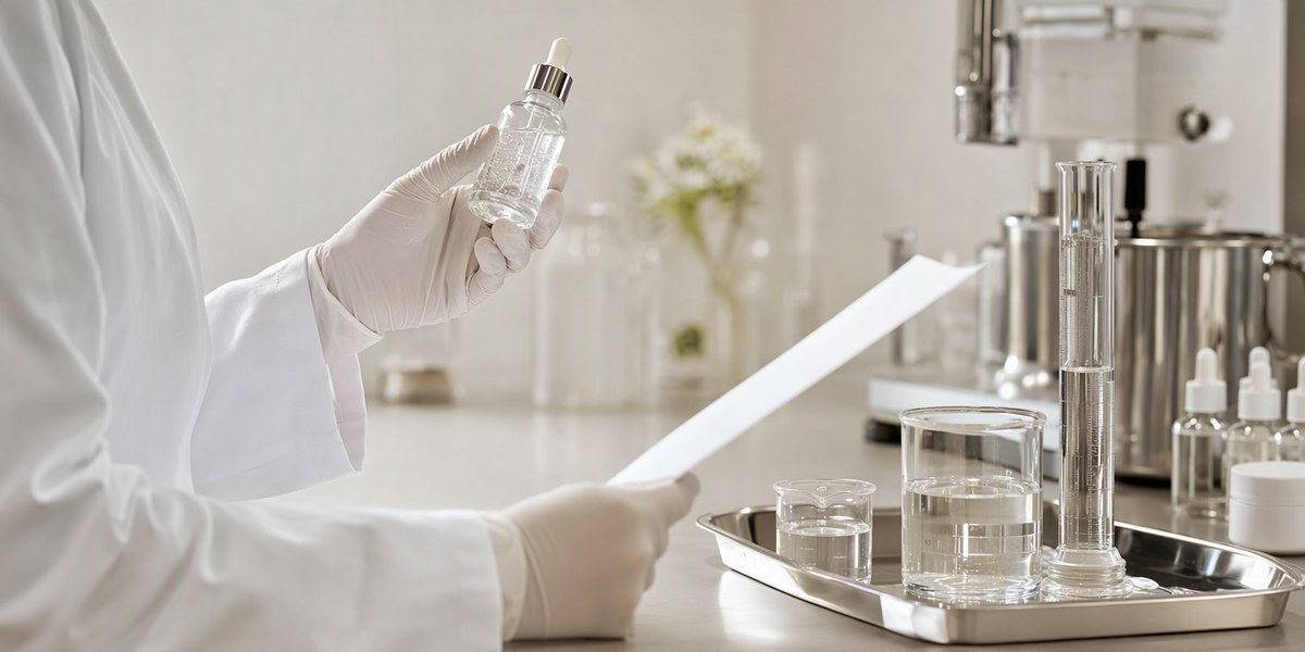 Cosmetic formulator reviewing a hyaluronic acid serum batch specification with graduated cylinders
