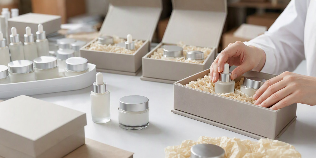 Cosmetic manufacturer preparing bundled skincare sets for online retail shipment