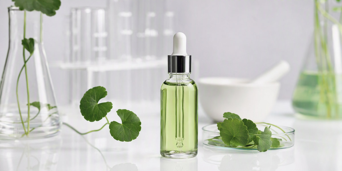 Cosmetic formulation lab showing Centella Asiatica leaf extract and a serum bottle on a clean white surface