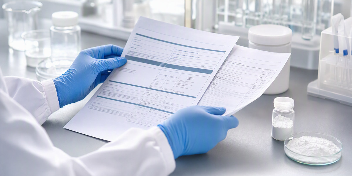 Cosmetic formulator reviewing a PDRN raw material specification sheet and Certificate of Analysis in a laboratory