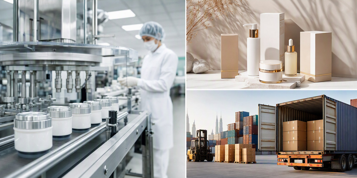 Clean modern cosmetic factory and export logistics scene for the Middle East skincare market