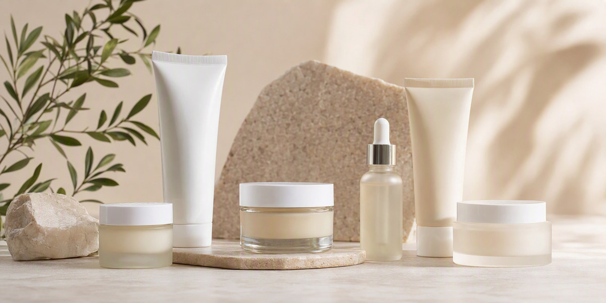 Unbranded skincare jars and tubes arranged on a clean studio table representing Gulf-market private label packaging