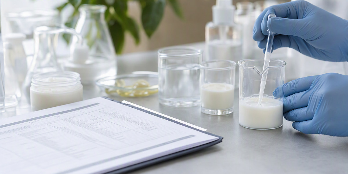 Cosmetic specification sheet beside glass beakers with emulsion and technician hands in gloves in a softly lit laboratory