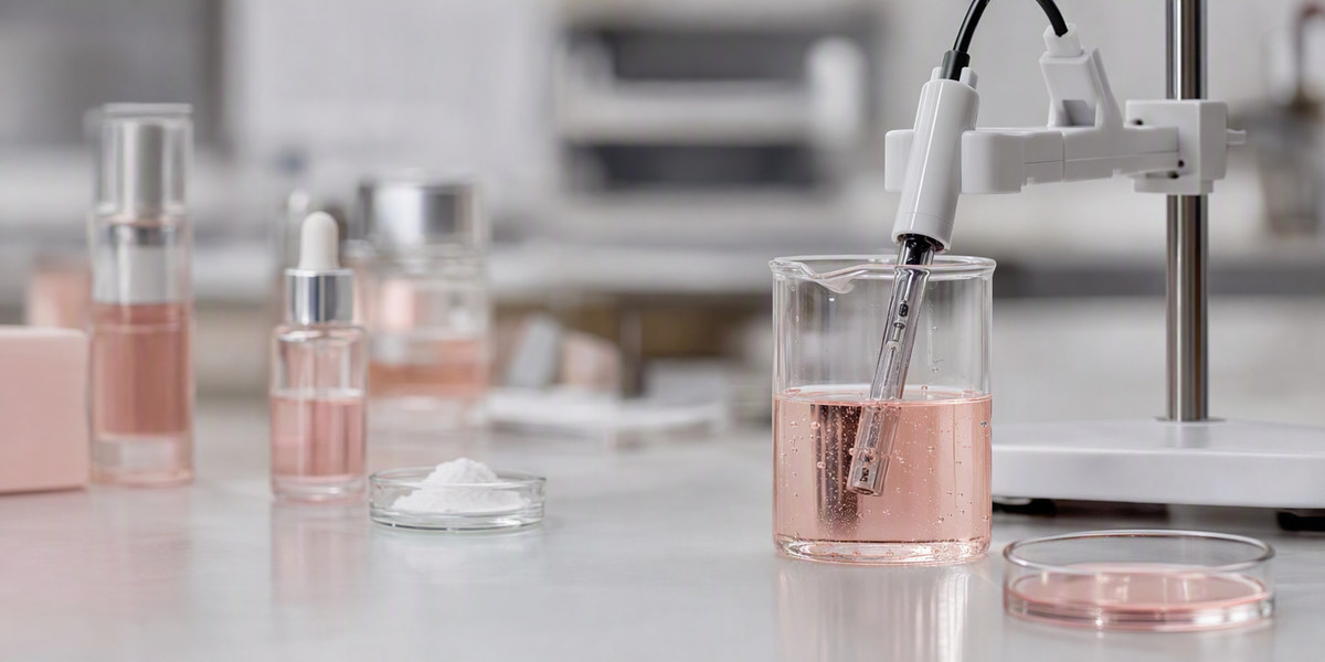 pH meter probe measuring an acid-based serum in a cosmetic laboratory