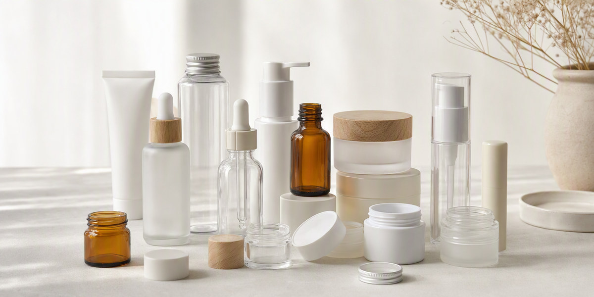 Unbranded skincare bottles and empty cosmetic packaging components arranged on a clean studio table