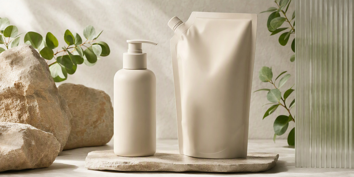 Close view of a recyclable skincare bottle showing PCR plastic texture and a pump dispenser