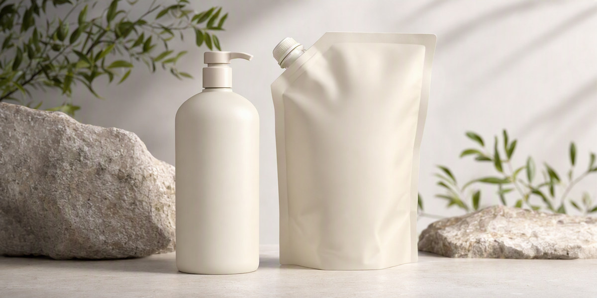 Refill pouch and rigid bottle comparison showing two sustainable skincare packaging formats
