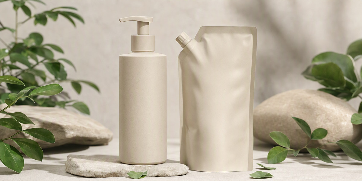 可回收护肤瓶与替换装 pouch 并排摆放的可持续包装示意