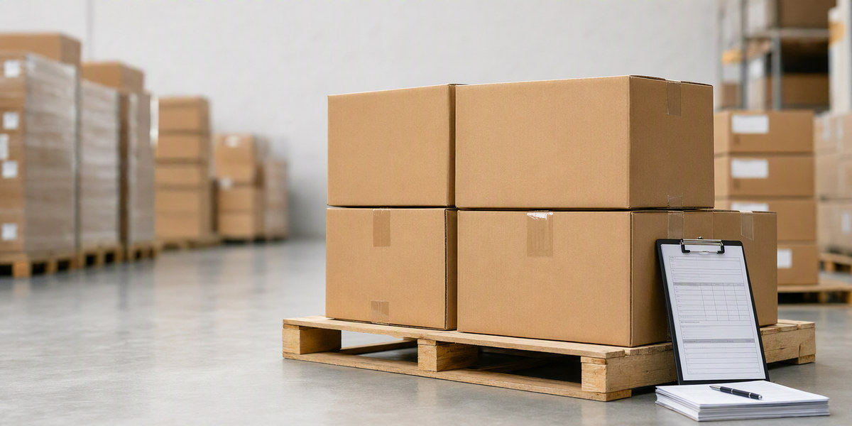 Plain corrugated shipping cartons stacked on a pallet in a bright export warehouse with a clipboard resting on top