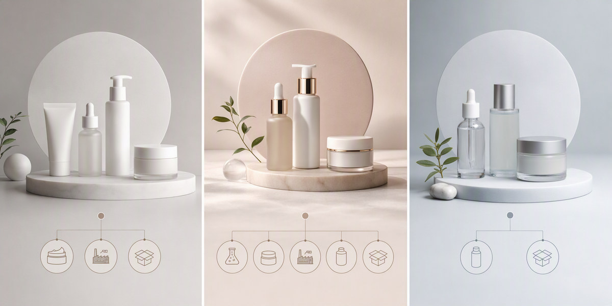 Three skincare contract manufacturing models shown as clean B2B concept boards
