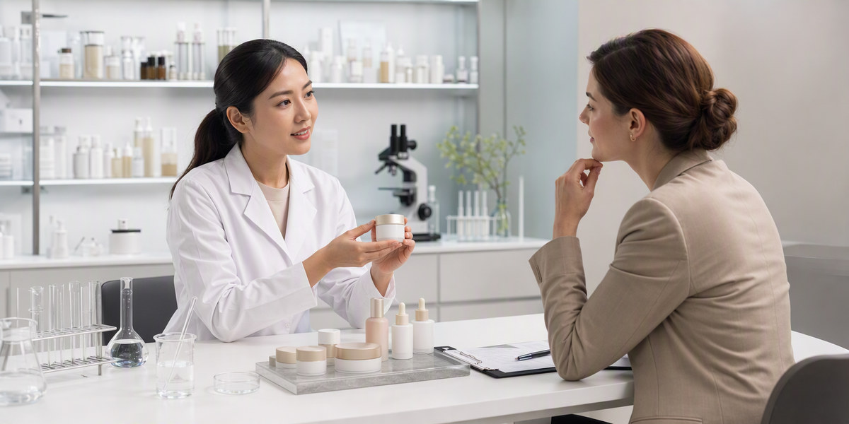 Cosmetic manufacturer presenting a base formula platform to a brand buyer
