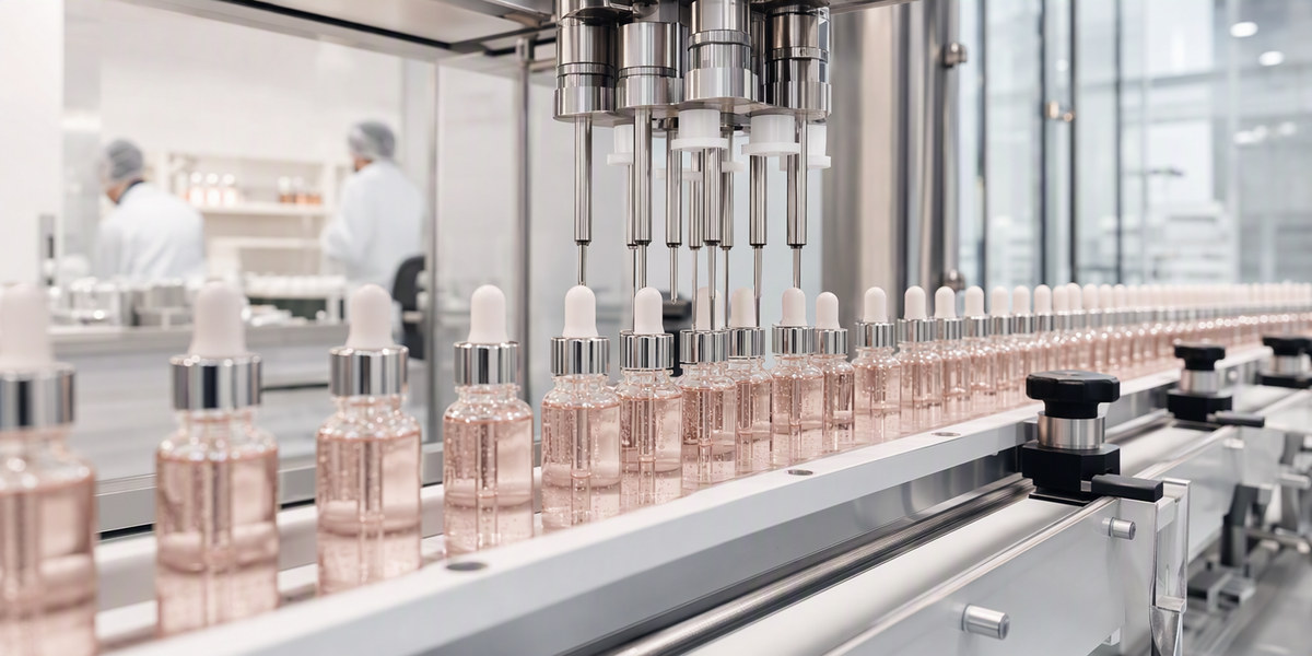 Skincare serum bottles on a contract manufacturer’s automated filling line