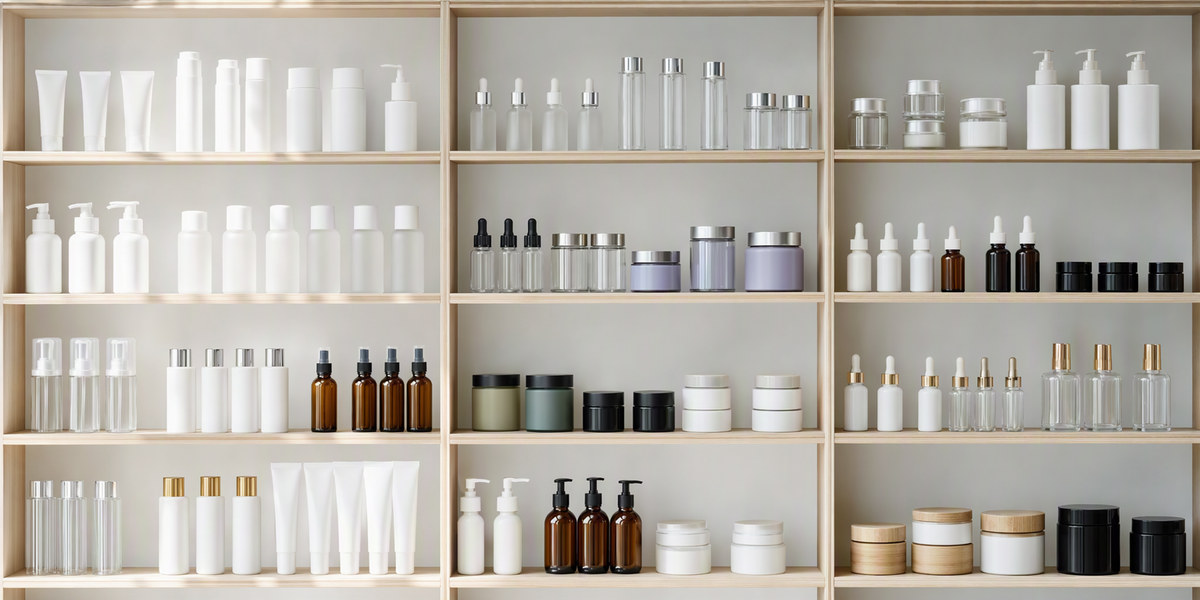 Shelves of assorted empty stock bottles and jars for private label skincare