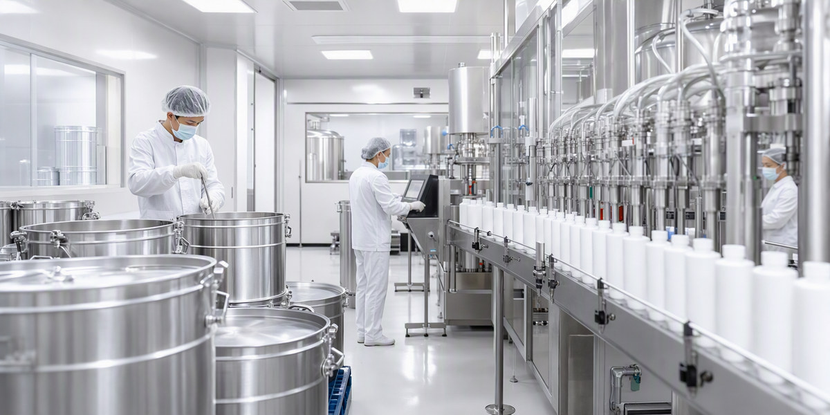 Cosmetic raw material drums and a filling line inside a GMP factory