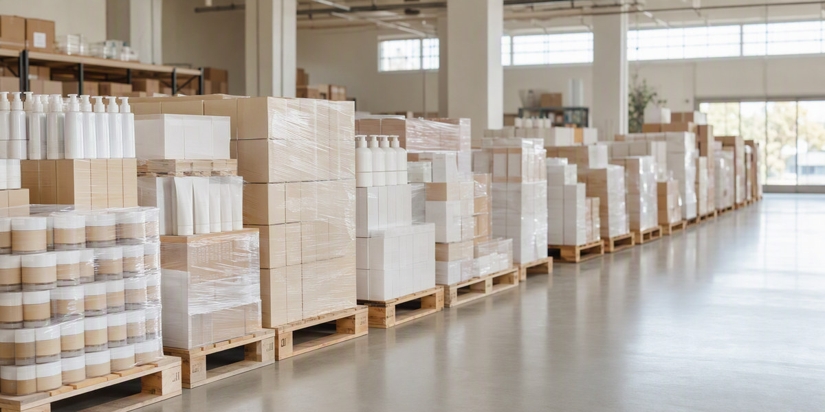 Warehouse of finished skincare products on pallets ready for shipment
