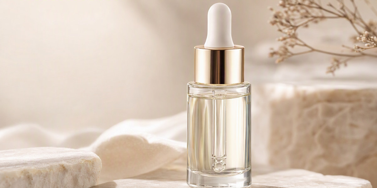 Close-up of a ceramide serum texture with a dropper on a neutral background