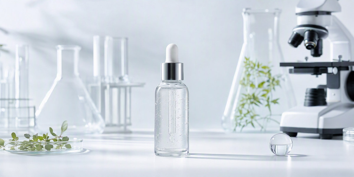 Professional cosmetic laboratory with a serum bottle, representing niacinamide formulation development