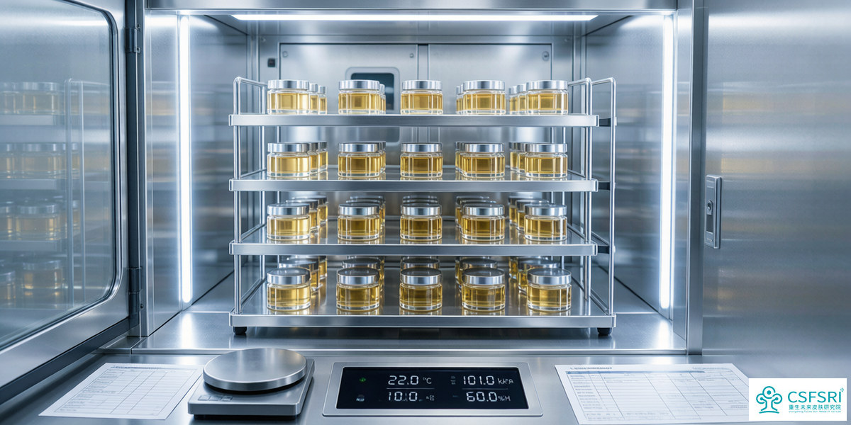 稳定性测试箱里整齐摆放的护肤样品瓶，用于稳定性和防腐挑战测试