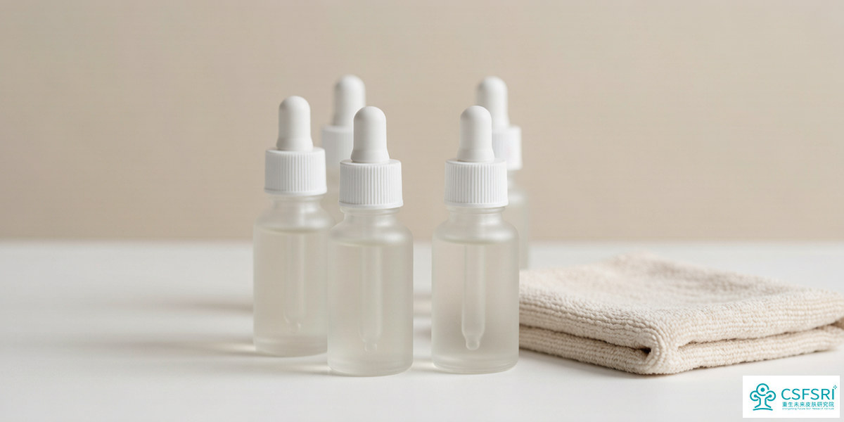 Minimalist cosmetic lab scene with scalp care serum bottles on a clean surface