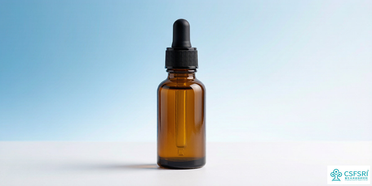 Amber serum dropper bottle on a clean studio surface representing an ectoin-based skincare formula