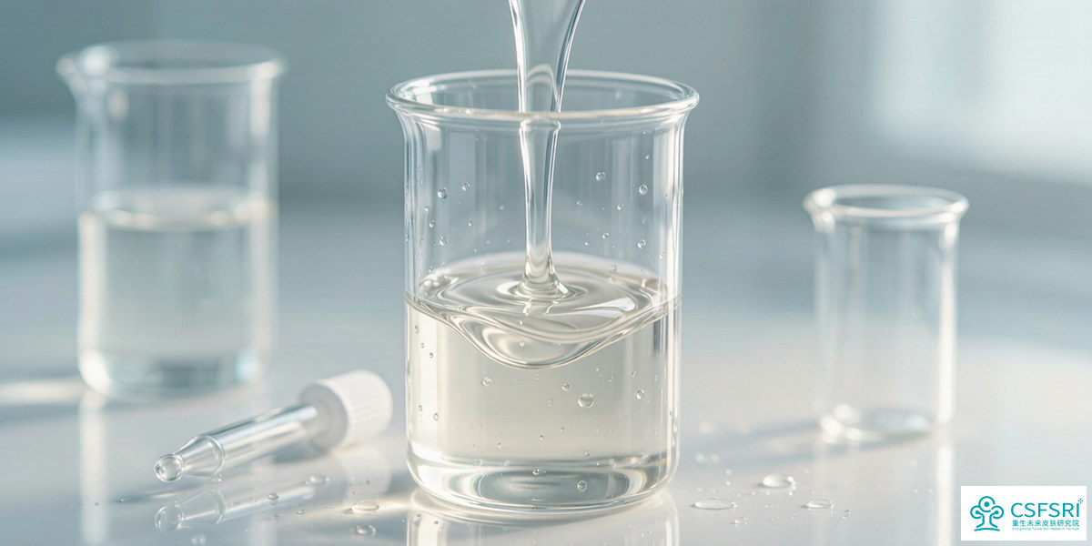 Cosmetic serum being poured into a glass beaker in a calm laboratory setting