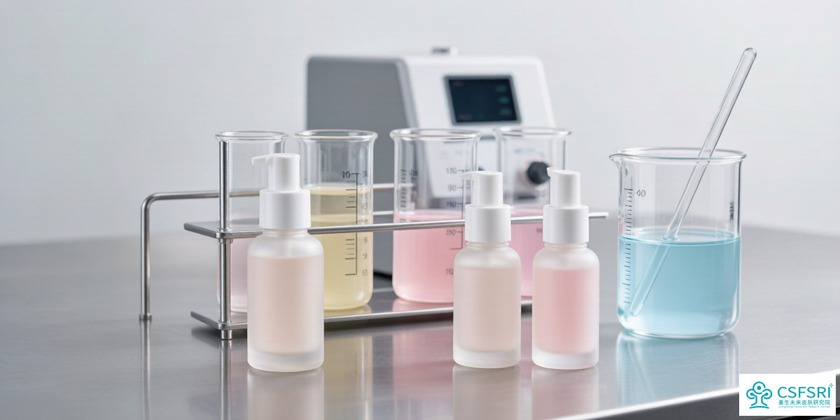 Professional cosmetic research laboratory with skincare serum bottles and glass beakers containing pastel liquid formulas