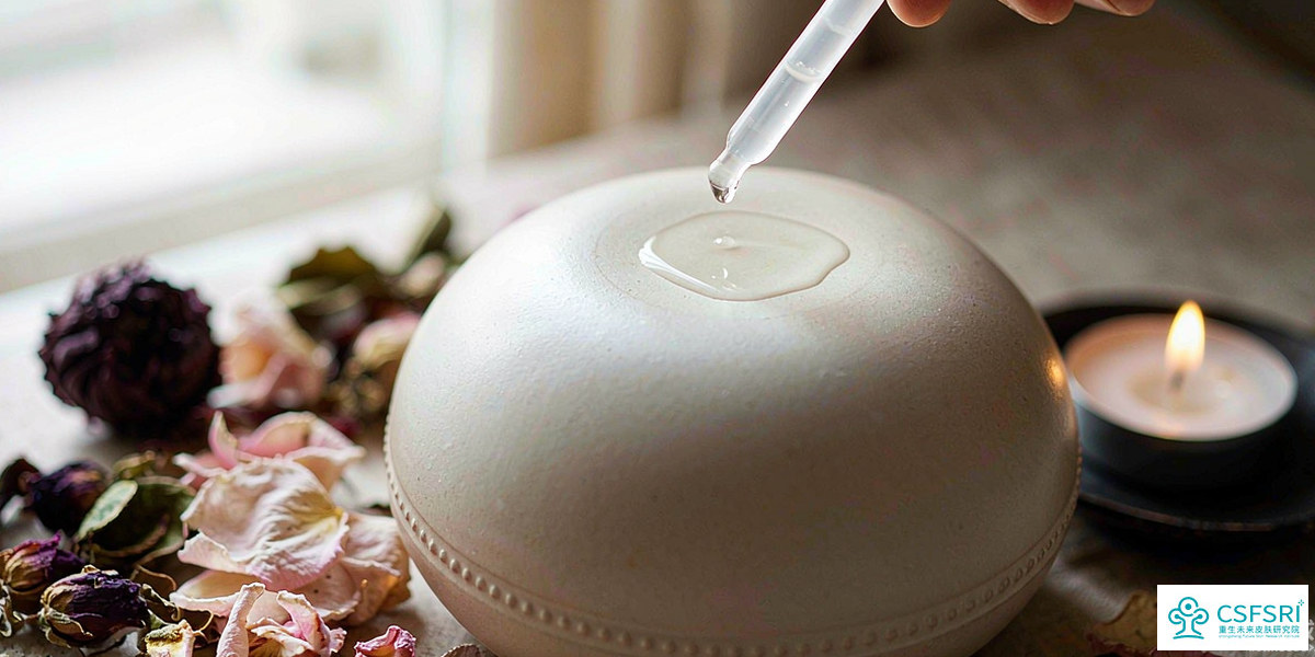 Essential oil drops falling into a ceramic diffuser with dried botanicals, representing the fragrance dimension of mood-led skincare