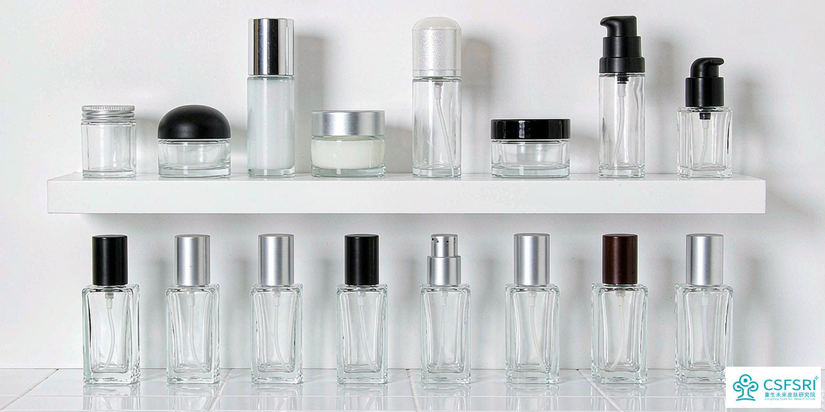 Rows of cosmetic bottles and jars on a packaging supplier shelf showing standard stock skincare packaging options