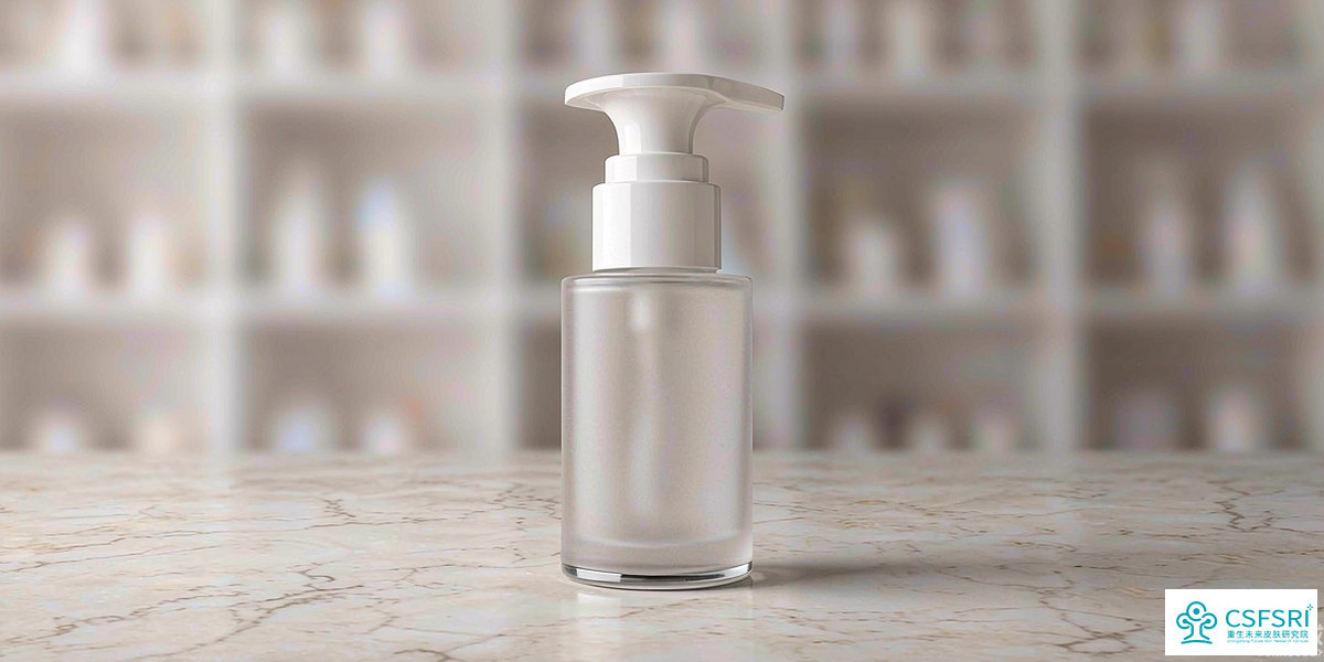 Cosmetic lab researcher examining an anti-glycation skincare serum bottle under soft studio light, clean minimal B2B setting, no text
