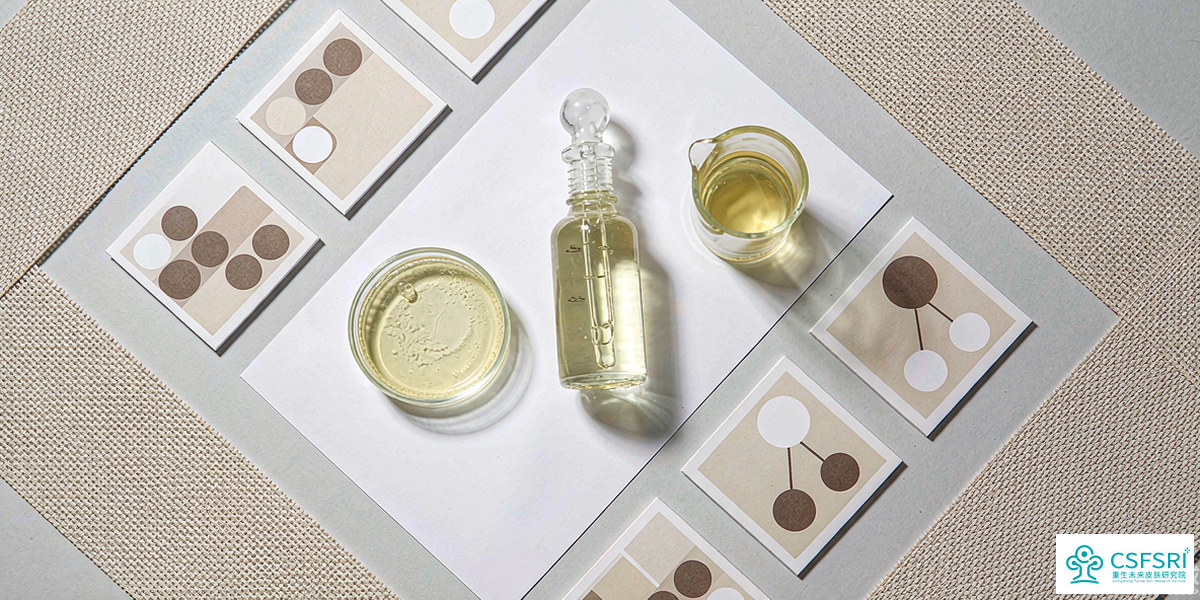 Flat-lay of skincare claim tier cards and a serum bottle on a clean workbench, neutral tones, no text