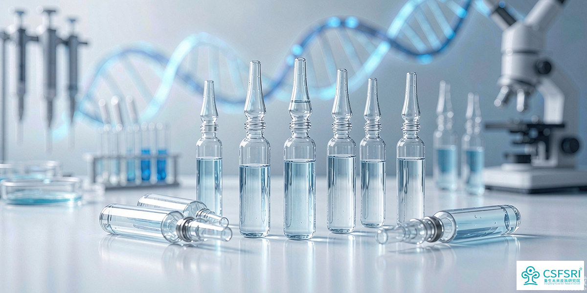 Cosmetic R&D laboratory with glass serum ampoules and a soft blue DNA motif