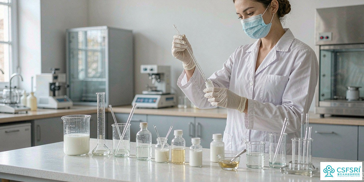 Cosmetic formulation laboratory where a chemist prepares small-batch skincare samples