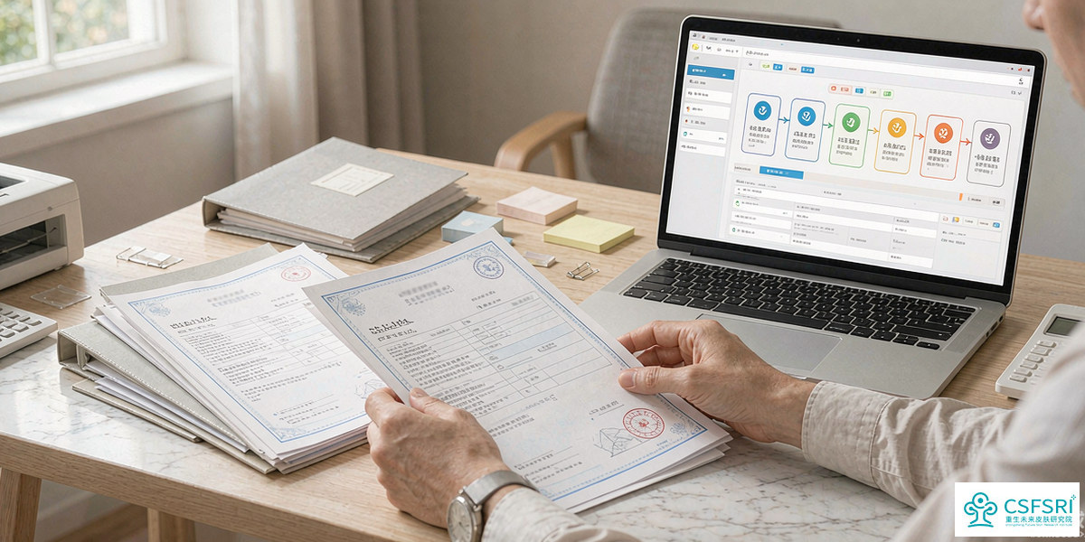 Regulatory review desk with Korean-language cosmetics certificates and a laptop showing a compliance workflow
