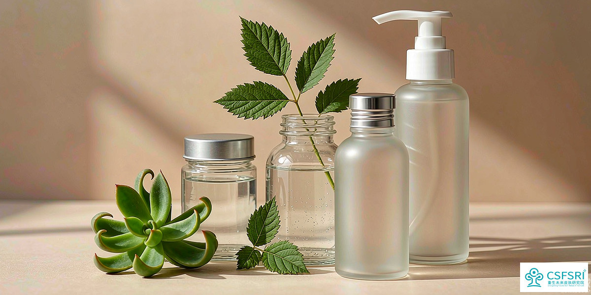 Minimalist clean beauty skincare bottles on a neutral studio surface with botanical accents