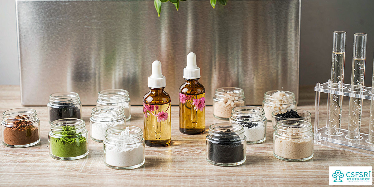 Cosmetic formulation laboratory bench with natural raw ingredient samples and glass tubes