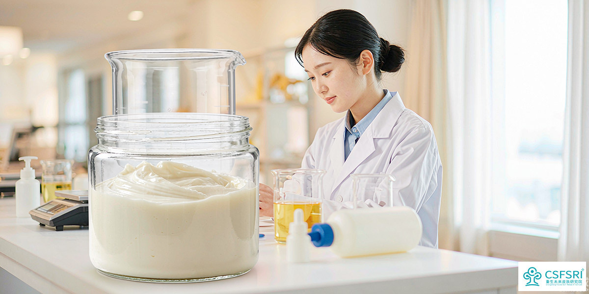 配方师在实验室操作台评估一版膏体样品的打样阶段