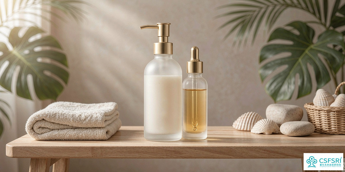 Unbranded lightweight sunscreen and brightening serum bottles on a tropical bathroom shelf representing Southeast Asia skincare